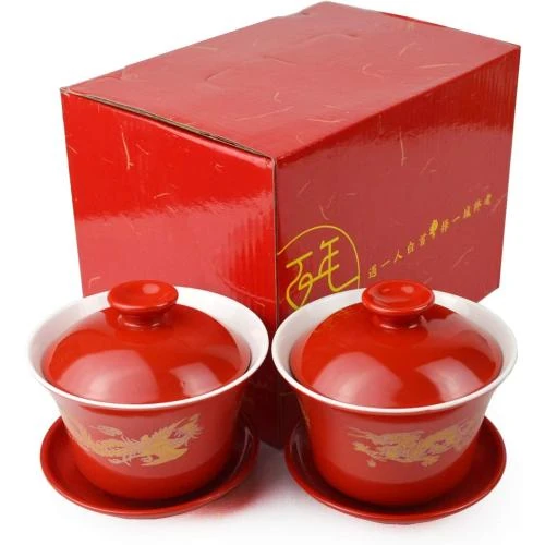 Tasses à thé porcelaine, motif dragon, phoenix, Liang Baobao - Vue principale