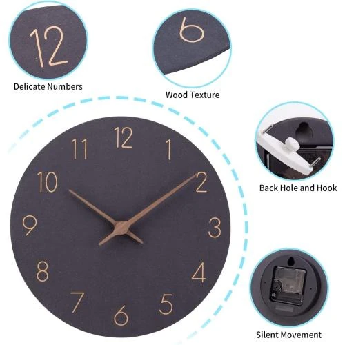 Zoom sur Horloge murale rétro bois quartz silencieuse Warminn
