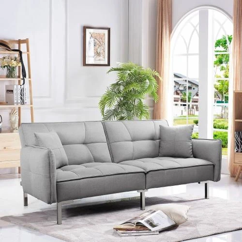 Détail de Yaheetech Canapé Lit Pliant Lin, 2 Coussins, Gris