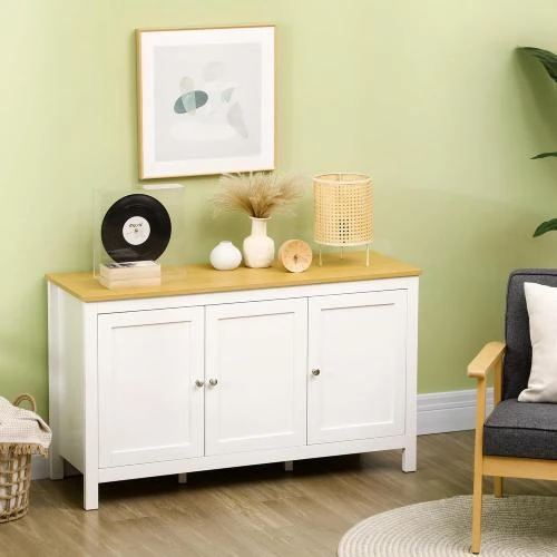Détail de Buffet Meuble Rangement 3 Portes, Étagères Réglables, Bois Clair