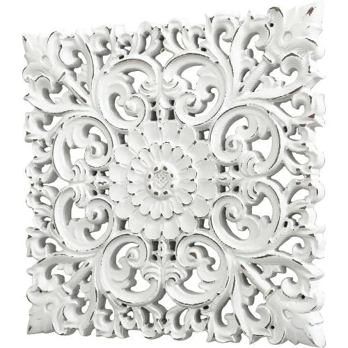 Détail de Panneaux muraux bois sculpté, décorations florales suspendues