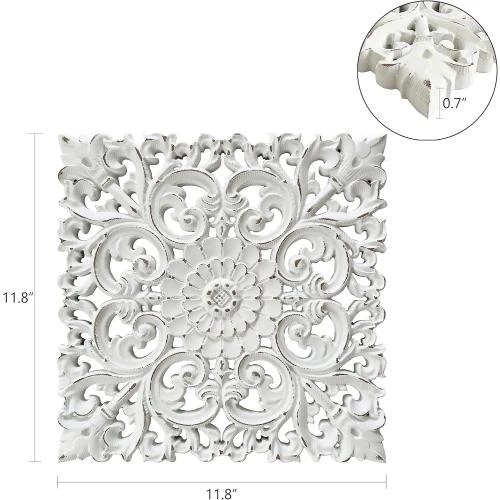 Zoom sur Panneaux muraux bois sculpté, décorations florales suspendues