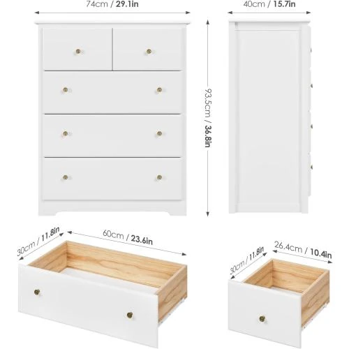 Zoom sur HOCSOK Commode 5 Tiroirs Rangement Multifonction Blanc