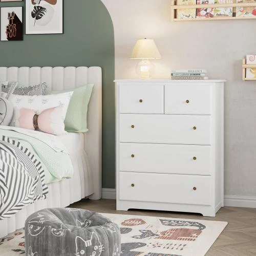 Détail de HOCSOK Commode 5 Tiroirs Rangement Multifonction Blanc