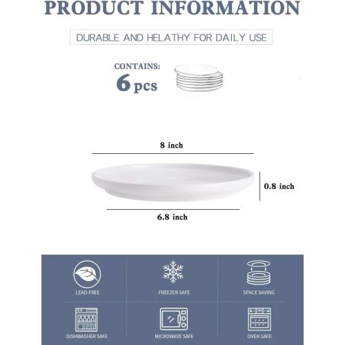Détail de Kanwone Assiettes Dessert Porcelaine Blanc, Lot 6