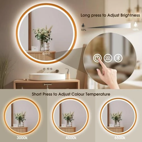 Zoom sur Miroir Rond LED Salle de Bain Bluetooth et Antibuée IP44