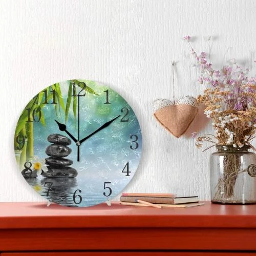 Détail de Horloge Murale Ronde Bambou, Pierres Zen, Décoration Silencieuse
