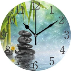 Horloge Murale Ronde Bambou, Pierres Zen, Décoration Silencieuse