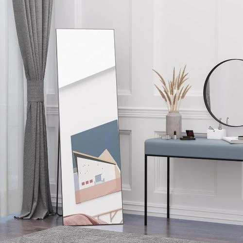 Zoom sur Miroir sur Pied Rectangulaire, Cadre Aluminium Noir, Design Élégant