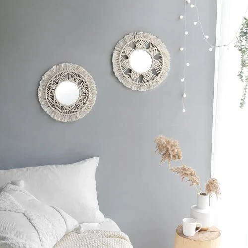 Détail de Mkouo Miroir Mural Suspendu Frange Macramé Décoratif
