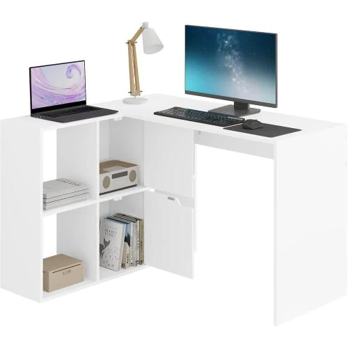 Détail de Bureau d'angle eSituro, Blanc, Rangement intégré, Informatique