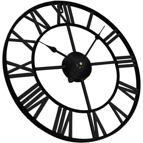Zoom sur Horloge Murale Géante Vintage, Art Industriel Romain Noir