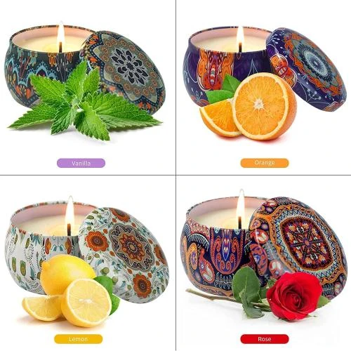 Zoom sur Bougies parfumées soja, aromathérapie, relaxation, couleurs variées