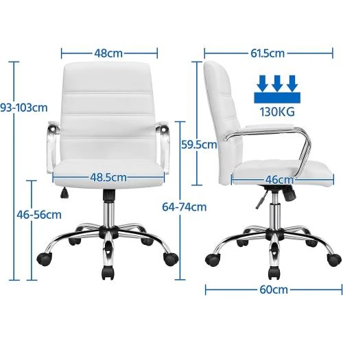 Détail de Chaise Bureau Ergonomique Similicuir Inclinable Blanche, Hauteur Réglable