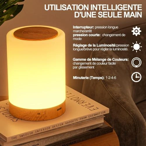 Détail de Lampe Chevet Tactile LED ZOVHYYA, 11 Couleurs Rechargeable