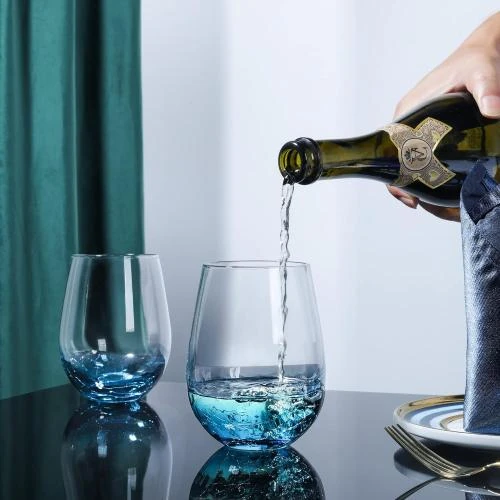 Zoom sur Joeyan Verres à Vin Cristal Soufflé Bleu Craquelé 2 pièces