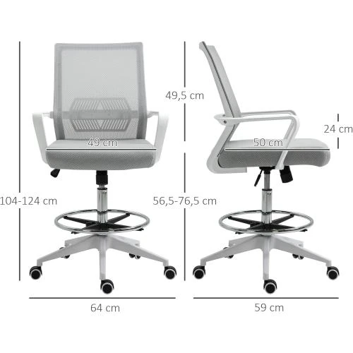 Zoom sur Fauteuil Bureau Haut Réglable, Pivotant 360°, Gris, Blanc
