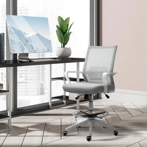 Détail de Fauteuil Bureau Haut Réglable, Pivotant 360°, Gris, Blanc