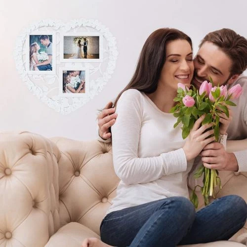 Détail de Cadre mural cœur mariage, 3 photos, blanc, DIY