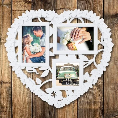 Zoom sur Cadre mural cœur mariage, 3 photos, blanc, DIY