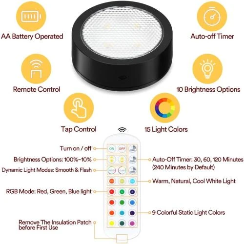 Détail de Lampe LED Sans Fil, Spot Adhesif RGB, Lot 4 Noir