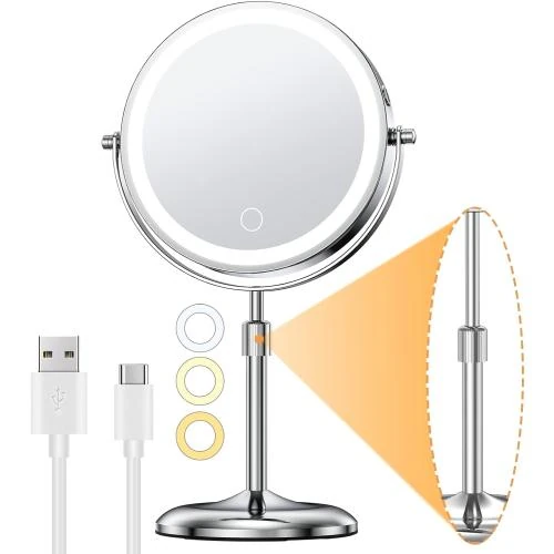 Miroir maquillage éclairé 10x, réglable, 3 lumières couleurs - Vue principale