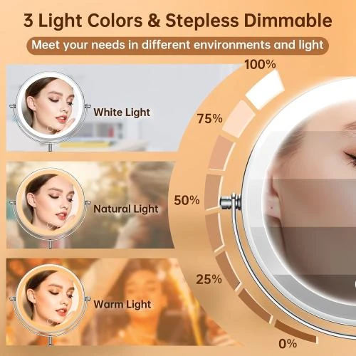 Zoom sur Miroir maquillage éclairé 10x, réglable, 3 lumières couleurs