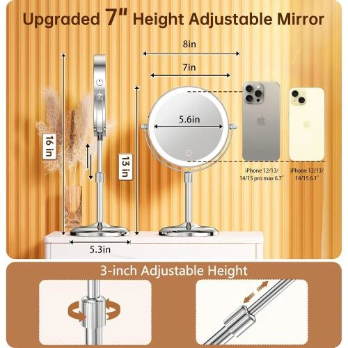 Détail de Miroir maquillage éclairé 10x, réglable, 3 lumières couleurs