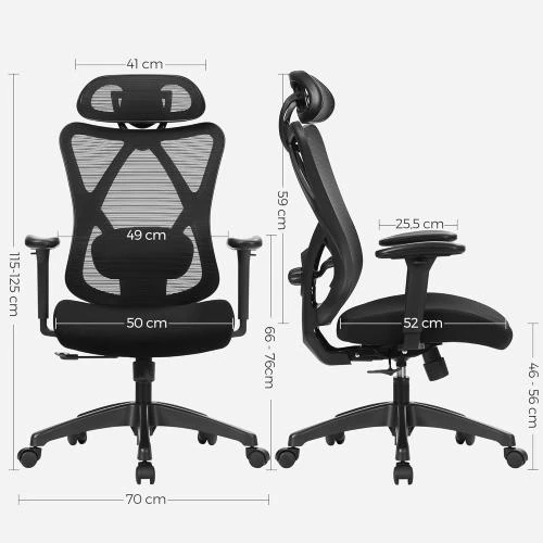 Zoom sur Chaise Bureau Ergonomique SONGMICS, Noir, Support Lombaire