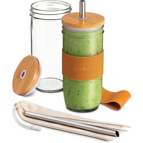 Cosumy Mason Jar, Verre Bubble Tea, Paille, Couvercle Bambou - Vue principale