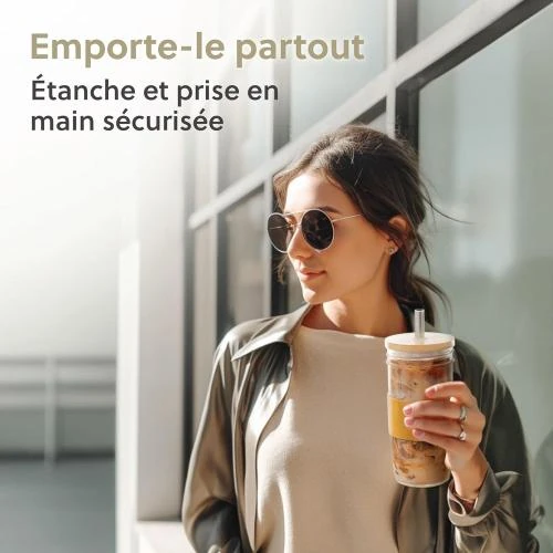 Zoom sur Cosumy Mason Jar, Verre Bubble Tea, Paille, Couvercle Bambou