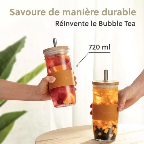 Détail de Cosumy Mason Jar, Verre Bubble Tea, Paille, Couvercle Bambou