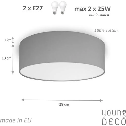 Détail de youngDECO Plafonnier Rond Gris, Abat Jour Tissu Coton
