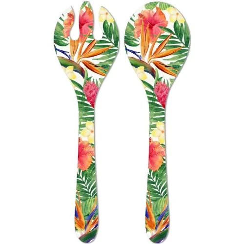 Couverts à Salade Melamine Fleurs Exotiques Rouge Vert - Vue principale