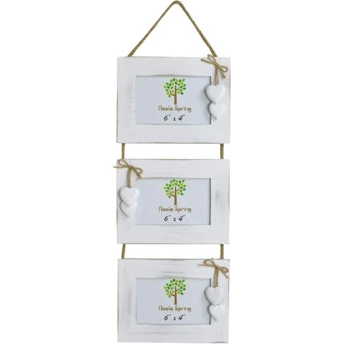 Cadre Photo Bois Blanc Coeurs, Accroche 3 Photos - Vue principale