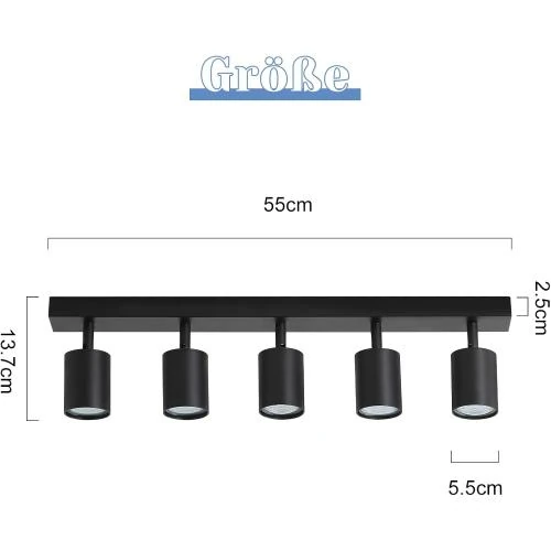Zoom sur Plafonnier Spot Orientable Noir, 5 Spots GU10, LED