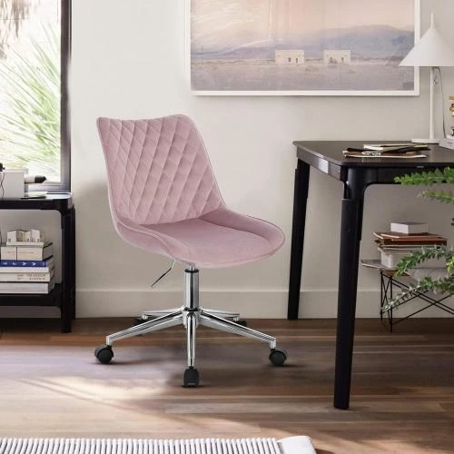 Détail de Chaise Bureau Pivotante 360°, Tabouret Velours Rose, Roulettes