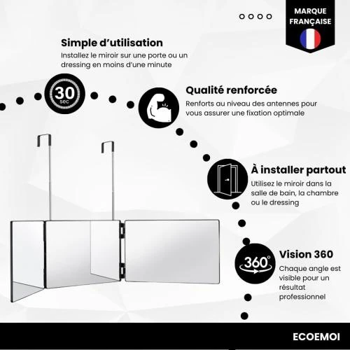 Détail de Miroir Coiffure 360°, Triple Pliable, Portable, Réglable