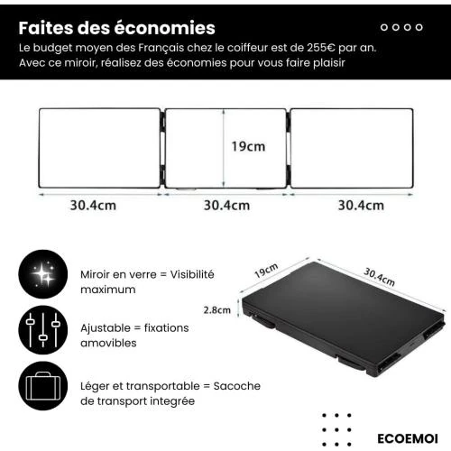Zoom sur Miroir Coiffure 360°, Triple Pliable, Portable, Réglable