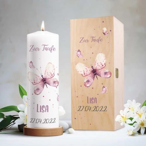 Détail de Bougie imprimée Baptême Papillon, Cadeau personnalisé