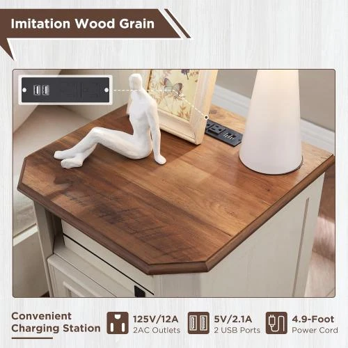 Zoom sur Table de nuit rustique T4TREAM, station de charge, blanc antique