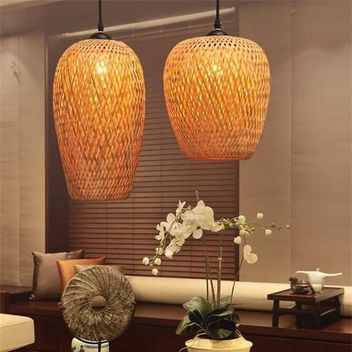 Zoom sur Plafonnier Bambou Tissé GUANSHAN, Style Pastoral, Lustre