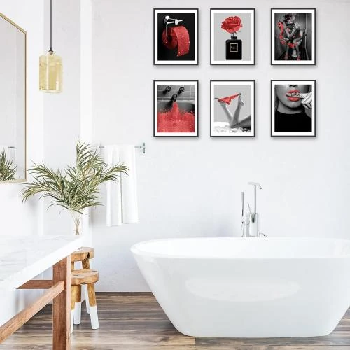 Zoom sur Toile murale glamour rouge, art moderne salle de bain