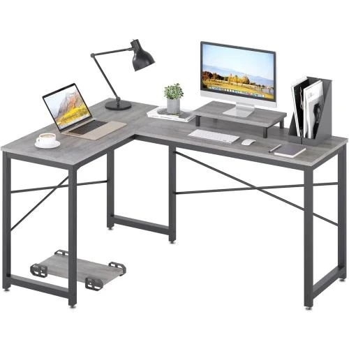 Bureau HEEYUE L gris, station de travail ordinateur - Vue principale