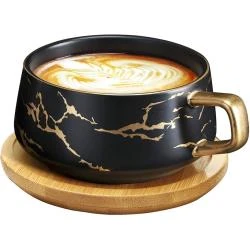 Tasses cappuccino marbre, porcelaine, soucoupe, bois noir