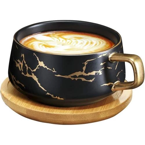Tasses cappuccino marbre, porcelaine, soucoupe, bois noir - Vue principale