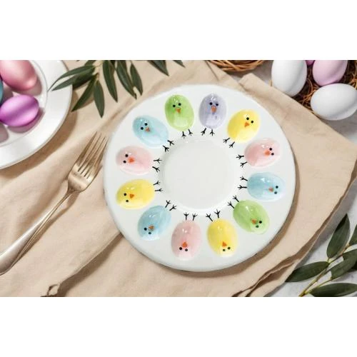 Détail de Plateau céramique œufs Pâques, motif poussins, service