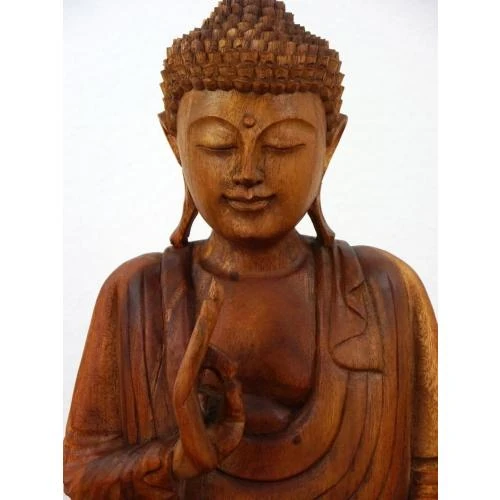 Zoom sur Bouddha Bois Bali, Statue Bouddhique Fait Main Durable