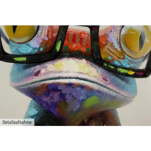 Détail de Tableau peinture moderne, grenouille multicolore, déco murale