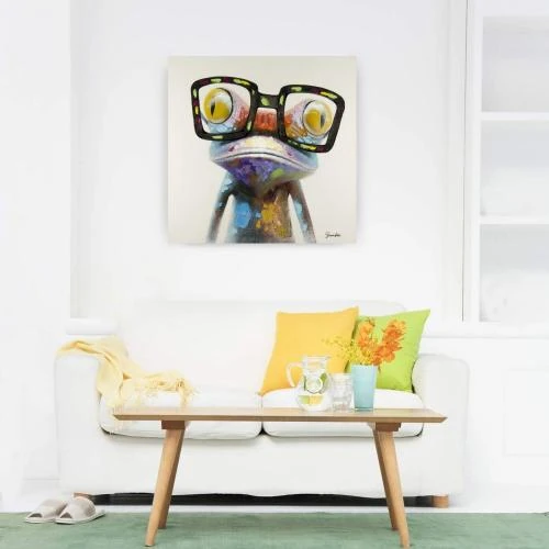 Zoom sur Tableau peinture moderne, grenouille multicolore, déco murale